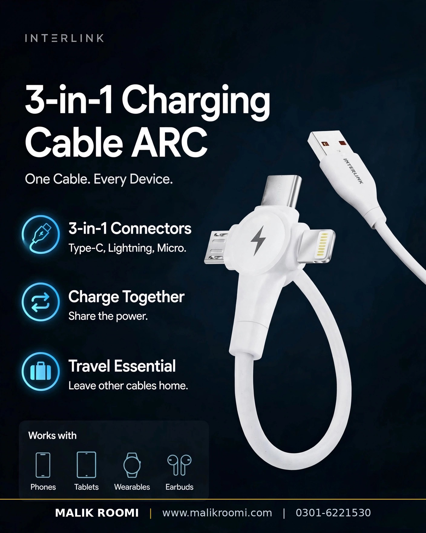 INTERLINK ARC 3in1 Multi Ports Cable QC3.0+PD