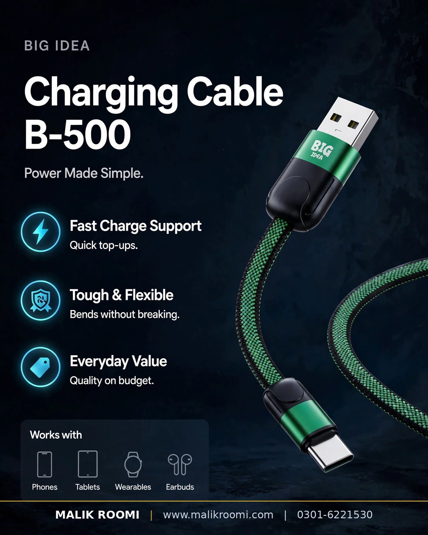 BIG IDEA B-500 Fast Charging Cable USB to Type-C 3.4A (1m)
