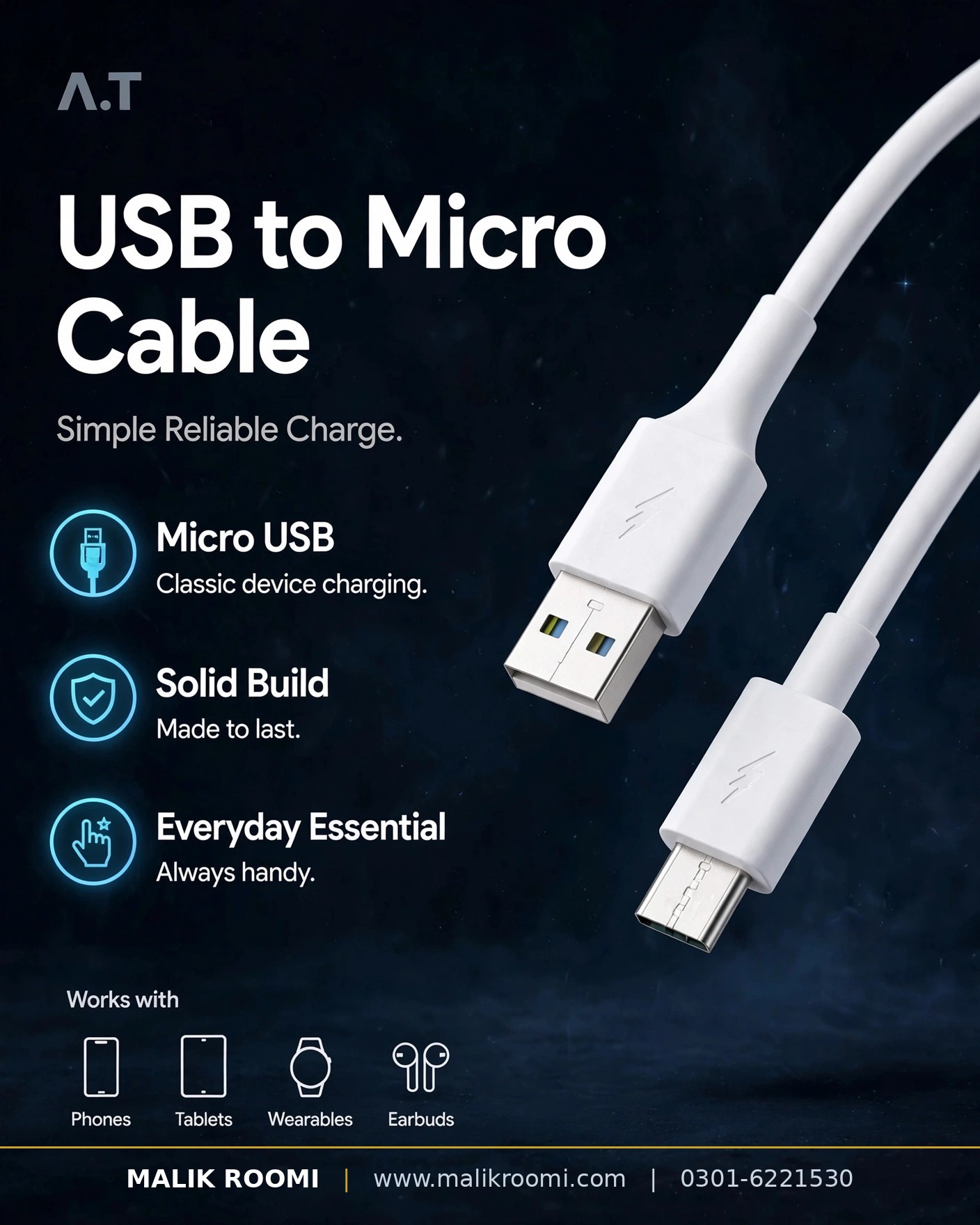 A.T ORIGINAL USB to Micro 1.8A Data Cable (1m)