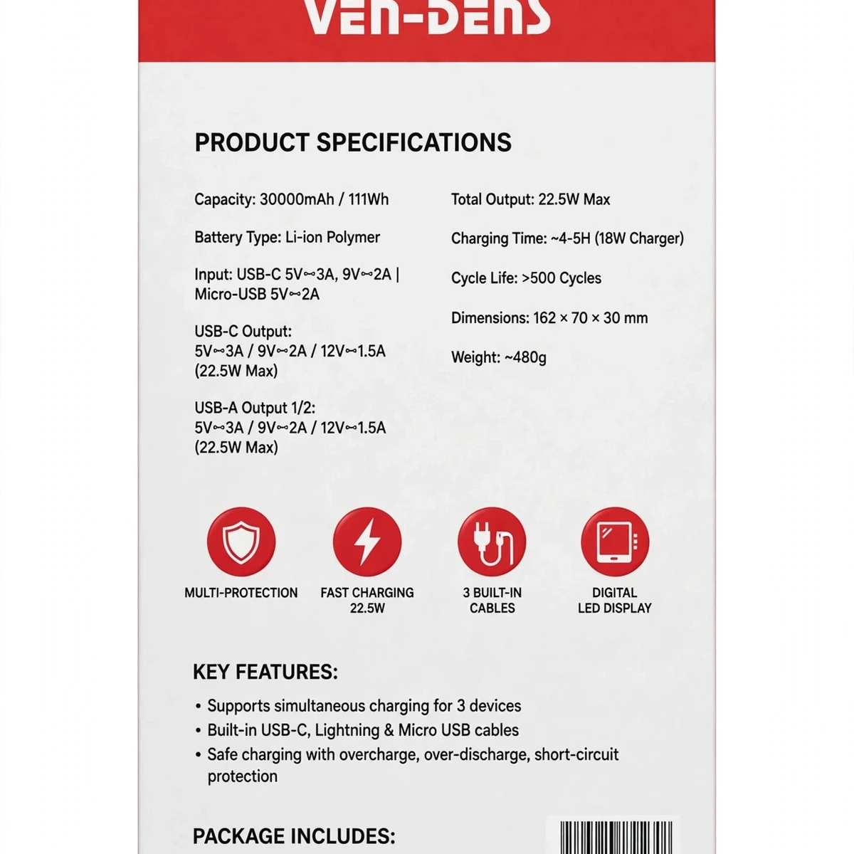 Thumbnail 5 of VEN-DENS VD-PB062 30000mAh Power Bank with Built-in Cables