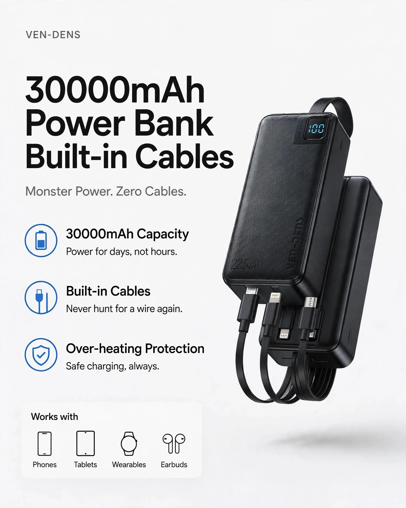 VEN-DENS VD-PB062 30000mAh Power Bank with Built-in Cables