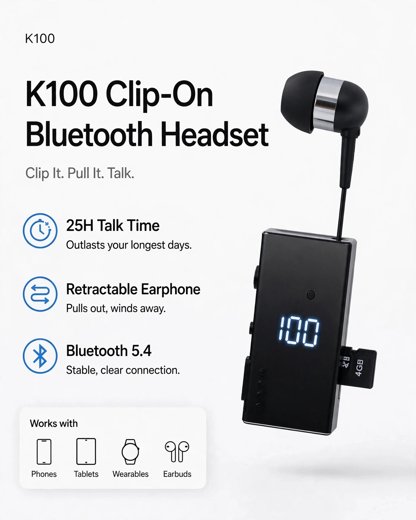 Wireless K100 Clip-On Retractable Bluetooth Headset