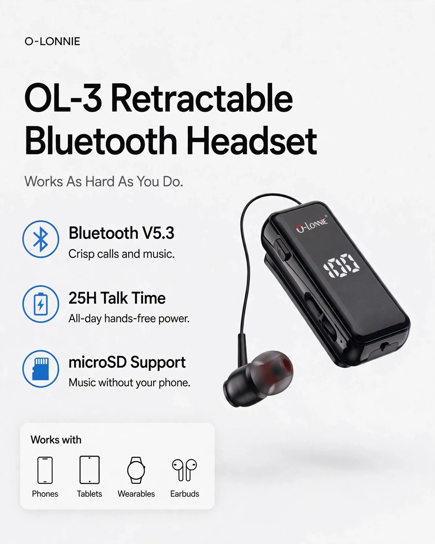 O-LONNIE OL-3 Bluetooth V5.3 Retractable Headset